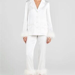 NADINE MERABI Darcie White Satin Feather-Trim Pajama Set